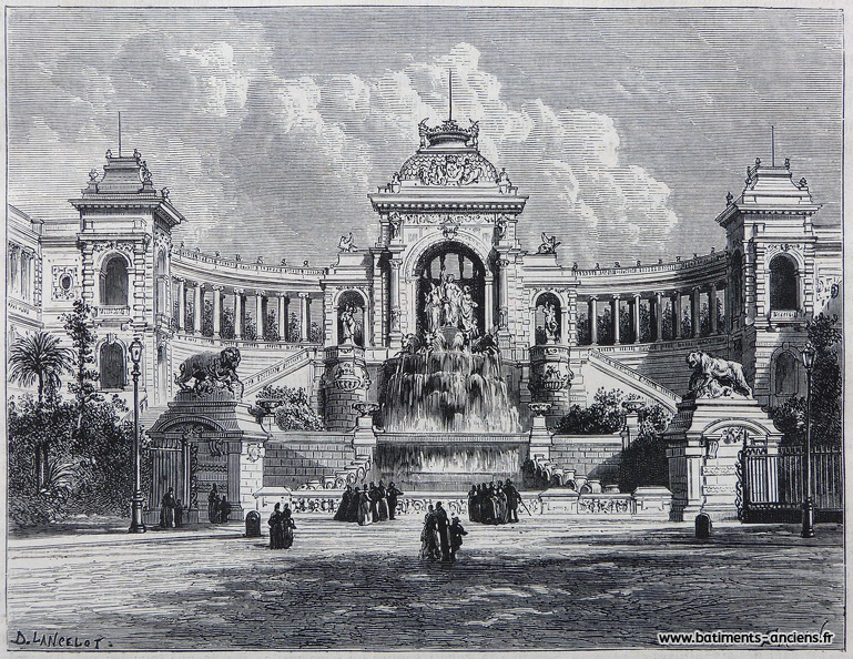 Ce palais château d'eau inauguré en 1869 est un bâtiment original réunissant un château d'eau, plusieurs musées, et un jardin public. Caractéristique du style néo-classique, il présente plusieurs pavillons reliés par une colonnade, le tout surplombant une imposante pièce d'eau agrémentée de statues. P1270427.jpg