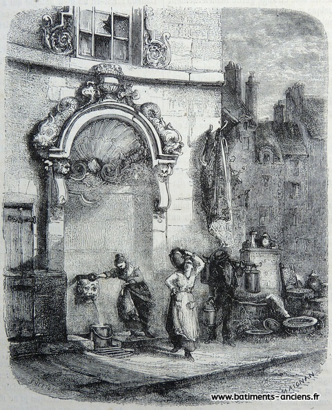 Une des deux fontaines dites Childebert dans le sixième arrondissement de Paris (Île-de-France). Cette fontaine, construite au coin des rues d'Erfurth et Childebert, a été construite en 1716 puis démontée en 1867 lors du percement de la rue de Rennes. La fontaine, installée dans une niche, est couverte par une voûte en coquille richement décorée. Des femmes viennent remplir leurs seaux au jet d'eau craché par un grotesque. On devine la devanture d'une échoppe sur la droite. P1270440.jpg