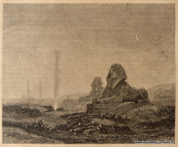 Gravure d'après un tableau de Narcisse Berchère (Etampes, 1819 - Asnières, 1891) peint au XIXe siècle. Cette vue fictive représente deux sphinx dans un paysage désertique de Nubie (actuels Soudan et Égypte). Au pied de ces sculptures monumentales, des bergers ont installé leurs bivouacs : les moutons sont regroupés et les homme sont assoupis autour de feux de camps d'où montent des colonnes de fumées. Un croissant de lune semble veiller sur leur repos. P1280038.jpg
