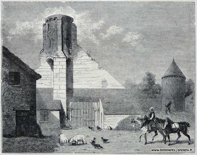 Vestige du prieuré de Haute-Bruyère dans les Yvelines. Cet ancien monastère de l'ordre de Fontevraud fondé au XIIe siècle est abandonné à la suite de la révolution française. Cette gravure nous présente des bâtiments réaffectés à une ferme : l'église est une grange, des cochons et des canards occupent la basse-cour au premier plan tandis qu'un paysans passe à cheval devant des meules de foin. A l'arrière plan, un mur de clôture et une tour sont encore visibles. P1270432.jpg