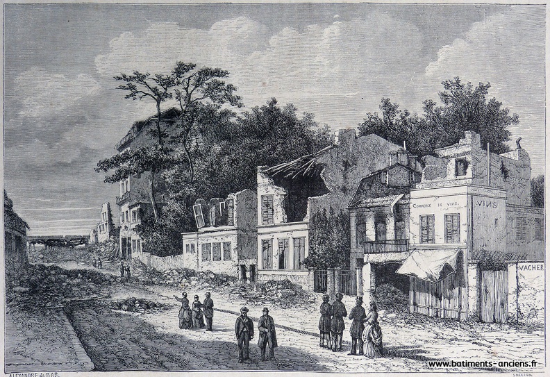 Vue d'une rue d'Auteuil ruinée par le siège de Paris (Île-de-France) de 1870-1871. Les toitures sont effondrées, certains bâtiments éventrés. Des gravats jonchent la rue, au loin un pont ferroviaire semble avoir été épargné. De petits groupent de badauds observent les dégâts occasionnés par la guerre et par La Commune. P1270467.jpg