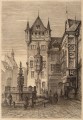 Gravure : La maison de Nassau et la fontaine des vertus à Nuremberg